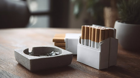Cigarettes in an open pack and a full ashtray sitting on a wooden table, illustrating the dangerous habit of smoking, nicotine addiction, and health hazardsの写真素材