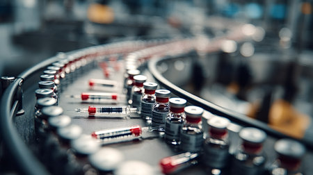 Vaccine vials and pre filled syringes conveying along an automated manufacturing line in a pharmaceutical factory, representing healthcare innovation and rapid medical productionの写真素材