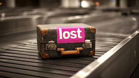 Vintage style suitcase with a bright pink lost label standing alone on a moving airport baggage claim carousel, symbolizing forgotten or misplaced travel belongingsの写真素材