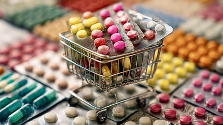 Miniature shopping cart filled with colorful blister packed pills and capsules, surrounded by more medication to illustrate pharmacy, healthcare, pharmaceutical retail and costsの写真素材