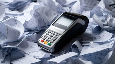 Payment terminal resting amidst a large pile of crumpled paper receipts, symbolizing excessive spending, financial management challenges, debt, and the burden of tracking expensesの写真素材