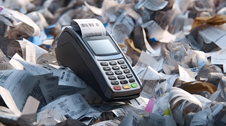Payment terminal device sitting on a large pile of printed paper receipts, illustrating an overflow of expenses, waste, and financial data management challenges for businessesの写真素材