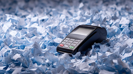 Payment terminal device resting amidst a large pile of blue tinted shredded paper, symbolizing...