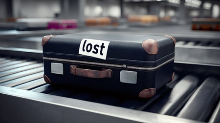 Lost black luggage with a missing tag showing lost sticker, moving on a conveyor belt in an airport baggage claim area, depicting issues with travel and baggage handlingの写真素材