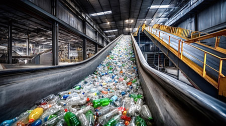Plastic bottles traveling on an inclined conveyor belt inside a large recycling facility, sorting waste materials for processing and promoting environmental sustainabilityの写真素材
