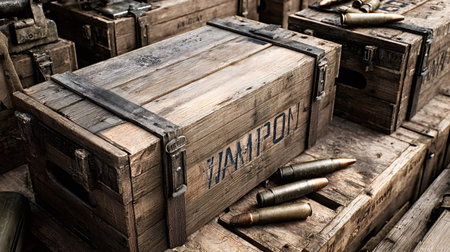 Military wooden crates packed with vintage ammunition and weaponry, aged and weathered, evoking conflict, defense logistics, and historical arsenal storage close up textureの写真素材