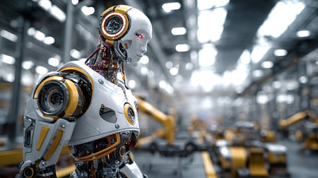 Advanced humanoid robot with white and gold metallic body and glowing red eyes standing on a smart factory production line, symbolizing ai, automation and industrial innovationの写真素材