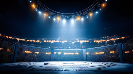Empty mma octagon cage bathed in blue spotlight inside a packed arena, ready for fight night with blurred cheering crowd and dramatic lighting creating intense atmosphereの写真素材