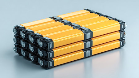 Automotive lithium ion battery modules forming a compact pack, representing advanced energy storage...