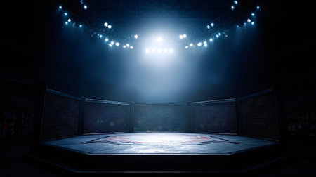 Combat sport octagon cage stands empty under dramatic overhead spotlights in a dark arena, blue glow and intense lighting set the stage for professional mma events and competitionの写真素材