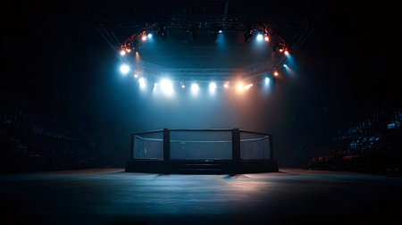 Octagon fight cage empty under dramatic blue and orange spotlights in a dark stadium, ready for intense mma competition or training with anticipation electric and focusの写真素材