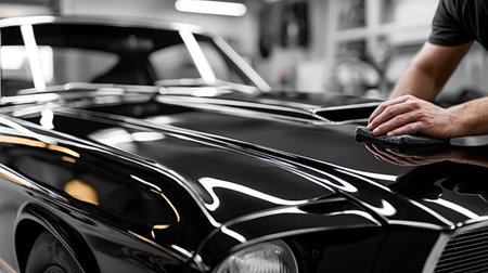 Person's hands carefully applying wax and polishing the sleek black paint of a vintage ford mustang,...