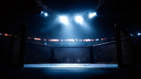 Empty mixed martial arts octagon cage standing in a dark arena with bright spotlights shining down, creating a dramatic atmosphere for combat sports competition or trainingの写真素材