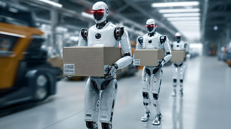Humanoid robots transport packages through an advanced automated warehouse, showcasing ai driven logistics, efficient industrial automation and the future of smart manufacturing systemsの写真素材