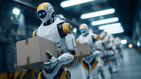 Humanoid robots moving packages through an automated warehouse facility, symbolizing advanced logistics, artificial intelligence, and efficient future distribution systemsの写真素材