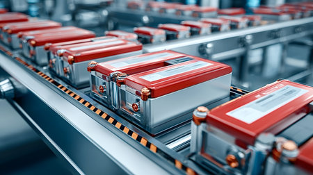 Electric vehicle battery packs moving along a modern industrial conveyor belt in an automated factory, representing clean energy production and technological advancementの写真素材