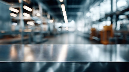 Brushed metal foreground surface providing an empty stage, with a modern manufacturing facility interior blurred in the background, creating a technology and industry conceptの写真素材