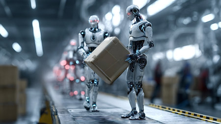Humanoid robots are precisely handling and moving cardboard packages along a conveyor belt in an automated warehouse, highlighting advanced logistics and industrial automationの写真素材