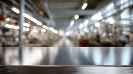 Brushed stainless steel counter across the lower frame for product display, set against a softly blurred industrial factory interior with warm bokeh lights and modern machineryの写真素材