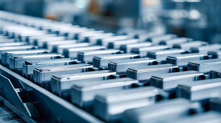 Numerous rectangular metal battery cells are moving along a conveyor belt, representing automation, efficiency, and progress within a high tech manufacturing facilityの写真素材