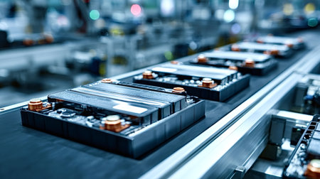 Battery modules for electric vehicles are moving along a conveyor belt in a modern factory, illustrating the automated production process for renewable energy components and e mobilityの写真素材