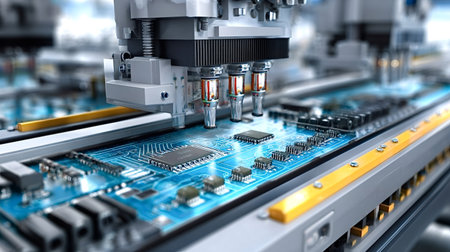 Robotic arm placing electronic components on a blue printed circuit board along an automated...