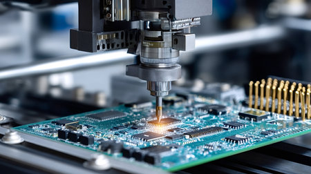 Robotic arm precisely placing a microchip onto a circuit board, illustrating modern electronics...
