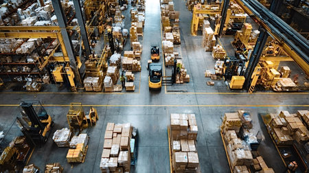 Modern warehouse facility showcasing efficient operations, including workers, forklifts moving...