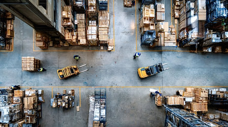 Busy warehouse center operating with workers moving inventory and freight with forklifts, managing...
