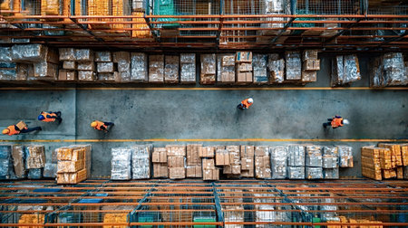 Overhead view showing workers moving through a vast industrial warehouse, surrounded by stacked...