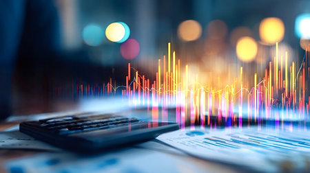 Financial graph overlaying a calculator and documents. Visualizing data analysis. Market trends. And...