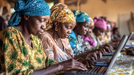 African women in a row are concentrated on their laptops, gaining valuable digital literacy and technology skills for education and empowerment within their communityの写真素材