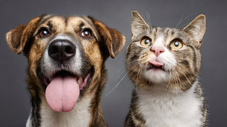 Friendly dog panting with long tongue beside a mischievous cat sticking out its tongue, studio...