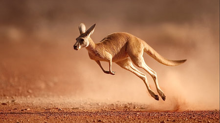 Powerful kangaroo is bounding through the red dirt creating a cloud of dust, showcasing its agility and speed in the vast, arid landscape of the Australian outbackの写真素材