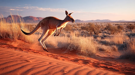 Kangaroo sprinting across arid Australian outback at sunset, kicking up red dust from sand dunes as warm golden light highlights powerful movement and vast, rugged landscapeの写真素材