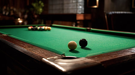 Green felt billiard table featuring cue ball, 8 ball, and a rack of colorful billiard balls in a...