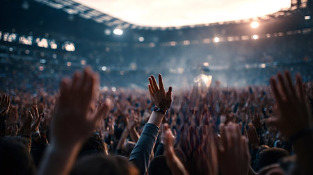 Energetic crowd raising hands in celebration and adoration during a live music concert or sporting event at a stadium, creating an atmosphere of unity and excitementの写真素材