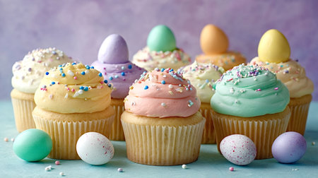 Assortment of pastel frosted cupcakes topped with sprinkles and decorative easter eggs, creating a...