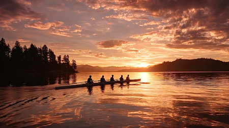 Rowing team glides across a tranquil lake at sunset, silhouetted against golden orange sky,...