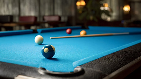 Pool table with colorful billiard balls and cue stick poised for a shot on blue cloth, close up...