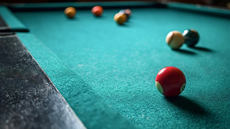 Red billiard ball with white circles resting on the textured green felt of a pool table, with other...