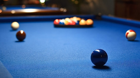 Billiard balls racked in a triangle with loose balls on vibrant blue felt pool table, close up...