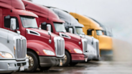Commercial semi trucks parked in a row on a wet lot, representing the essential role of freight...