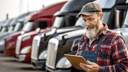 Experienced bearded truck driver in cap and flannel checks a tablet outdoors with lined up semi...