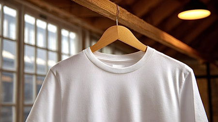 Plain white cotton t shirt with a blank tag hanging on a natural wooden hanger, showcasing simple apparel design and comfortable textile fabric in a casual settingの写真素材