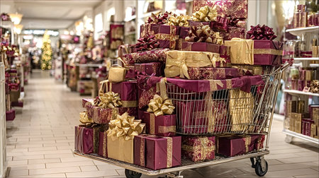 Shopping cart filled to the brim with elegantly wrapped maroon and gold christmas presents, highlighting holiday consumerism and festive gift giving in a retail environmentの写真素材