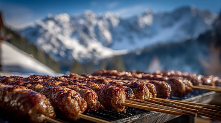 Rows of sizzling meat skewers smoking over a barbecue on a sunny winter mountain slope, capturing warm grilled flavors against snowy alps scenery at a ski resort picnicの写真素材
