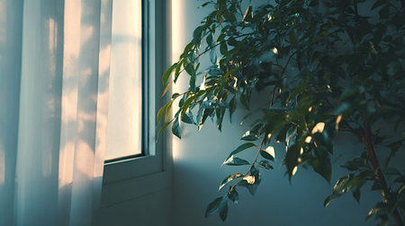 Indoor plant leaves catching soft morning sunlight filtering through a sheer white curtain next to a window, creating a serene and peaceful atmosphere in a home settingの写真素材