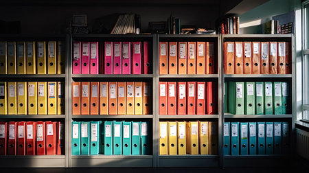 Rows of vibrant office binders filling metal shelving units, representing comprehensive data management, archiving, and efficient document organization in a professional workplace or libraryの写真素材