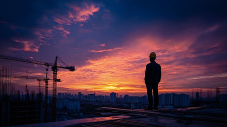 Engineer standing on a building site overlooking a cityscape at sunset, with construction cranes silhouetted against a vibrant sky, symbolizing urban growth and future developmentの写真素材